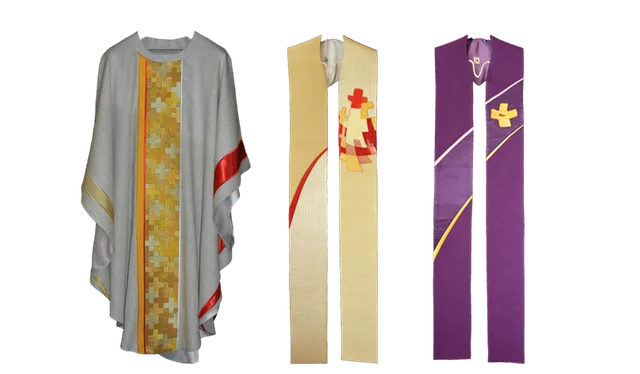 Grey chasuble with a golden cross pattern, and a cream and a purple stole